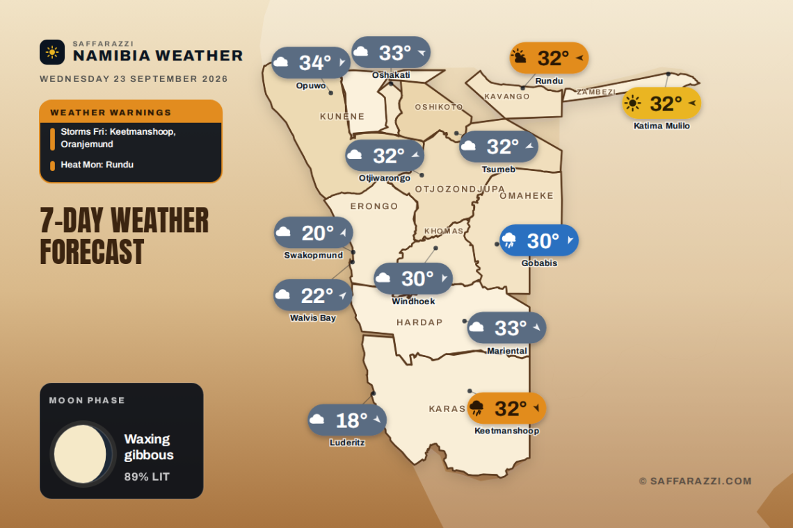 Namibia 7-day weather map, 23 - 29 September 2026