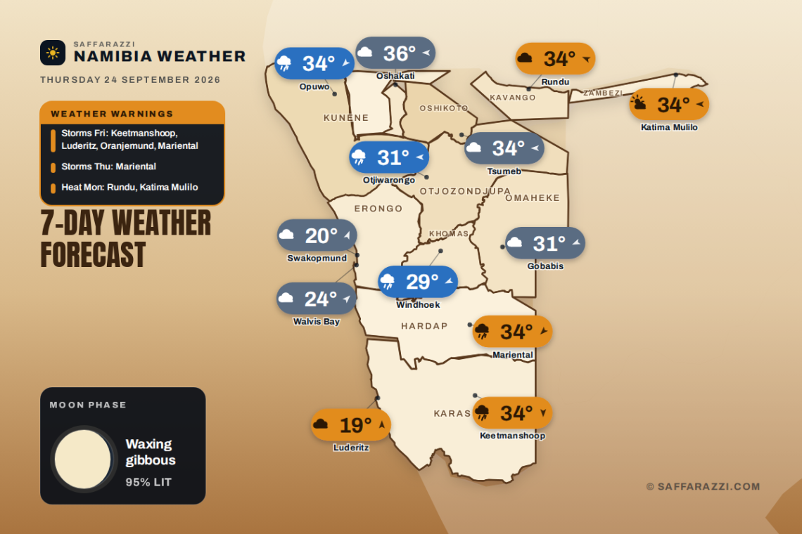Namibia 7-day weather map, 24 - 30 September 2026