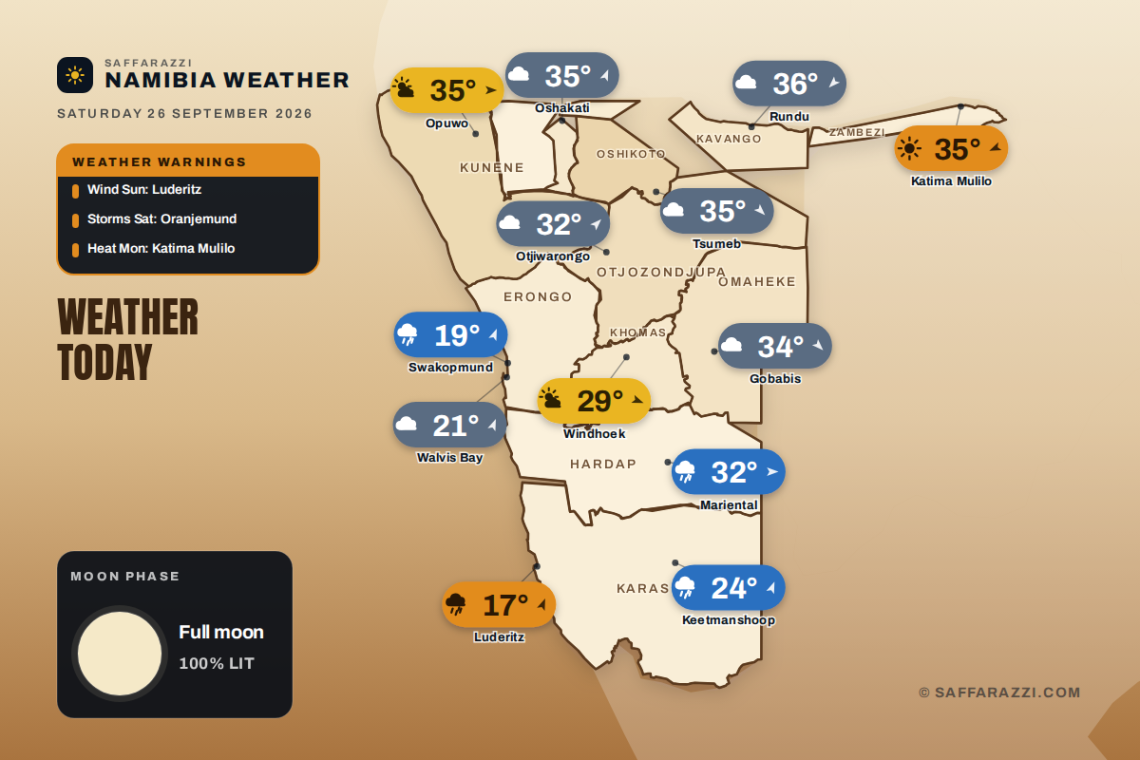 Namibia weather map, Saturday 26 September 2026