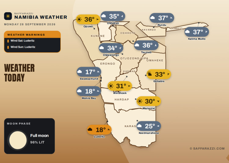 Namibia Weather for Today, Monday - Saffarazzi Namibia weather map, Monday 28 September 2026