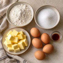 Ingredients for Old-Fashioned Pound Cake - Saffarazzi Self-raising flour, sugar, butter, eggs and vanilla for pound cake