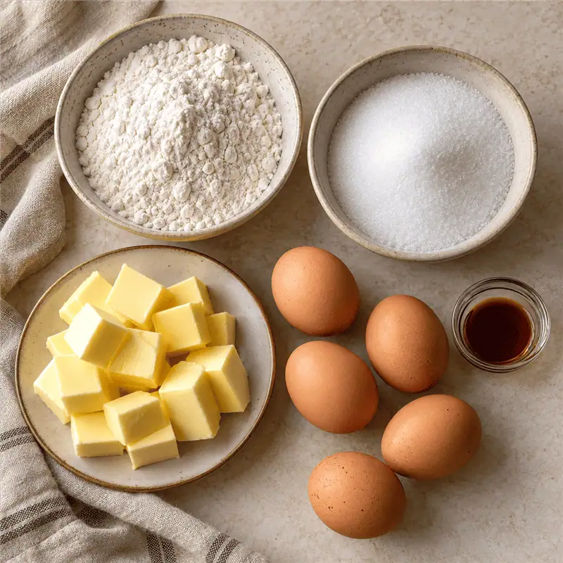 Ingredients for Old-Fashioned Pound Cake - Saffarazzi Self-raising flour, sugar, butter, eggs and vanilla for pound cake
