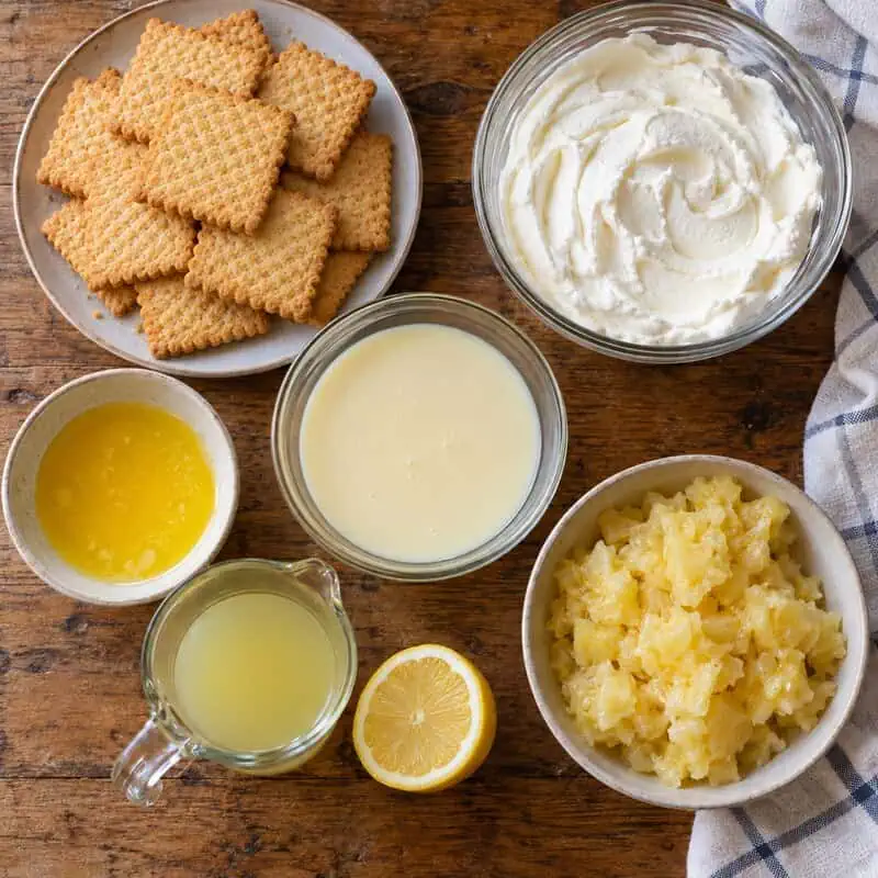 pineapple-fridge-tart-ingredients - Saffarazzi Shortbread cookies with bowls of lemon curd, melted butter, lemon juice, crushed pineapple, and cream cheese frosting on a wooden surface.