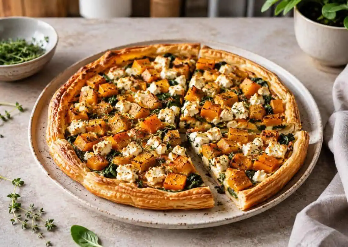 roasted-butternut-feta-herb-tart - Saffarazzi Savory puff pastry tart topped with roasted butternut, spinach and feta, cut into slices on a plate