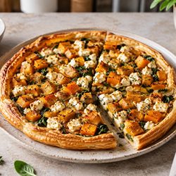 roasted-butternut-feta-herb-tart - Saffarazzi Savory puff pastry tart topped with roasted butternut, spinach and feta, cut into slices on a plate