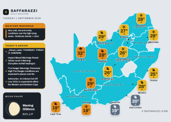 Today's Weather: Mild and mostly clear with partly cloudy skies - 1 September - Saffarazzi South Africa weather map Tuesday 1 September 2026: temperatures for Cape Town, Johannesburg, Durban and twelve more towns
