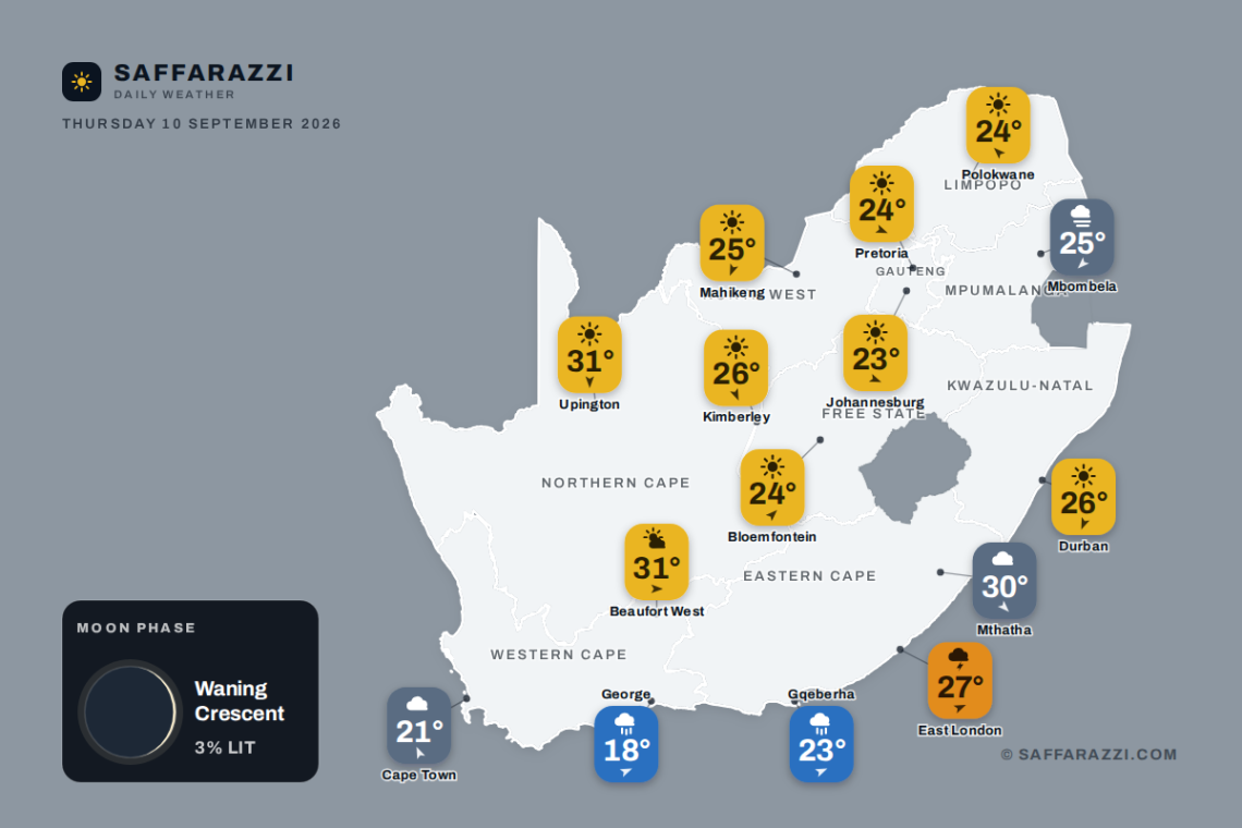 South Africa weather map Thursday 10 September 2026: temperatures for Cape Town, Johannesburg, Durban and twelve more towns