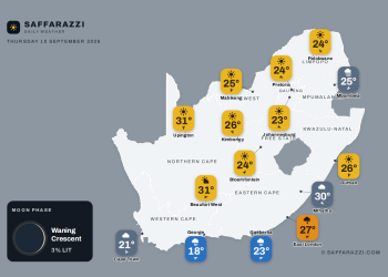 Today's Weather: Mostly clear with fog and coastal cloud - 10 September - Saffarazzi South Africa weather map Thursday 10 September 2026: temperatures for Cape Town, Johannesburg, Durban and twelve more towns