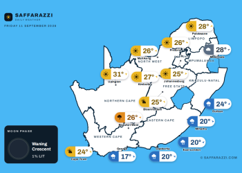 Today's Weather: Clear inland with light coastal rain - 11 September - Saffarazzi South Africa weather map Friday 11 September 2026: temperatures for Cape Town, Johannesburg, Durban and twelve more towns