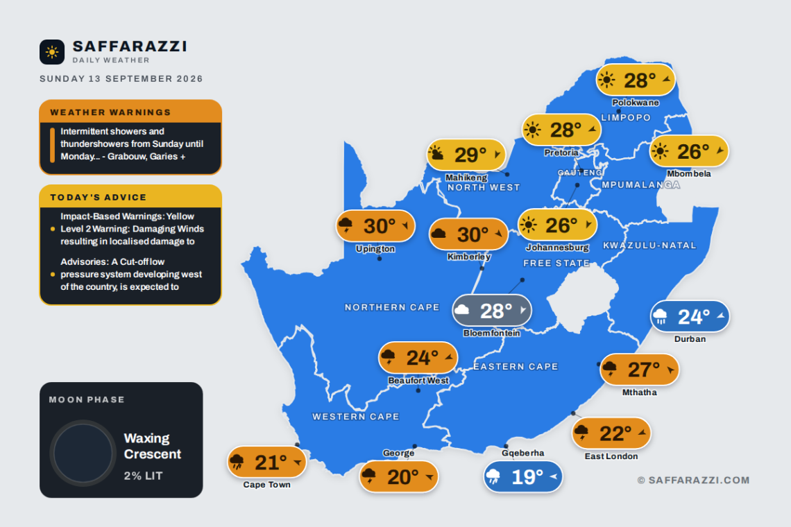 South Africa weather map Sunday 13 September 2026: temperatures for Cape Town, Johannesburg, Durban and twelve more towns