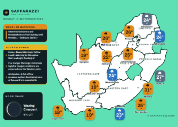 Today's Weather: Rain and thundershowers spreading nationwide - 14 September - Saffarazzi South Africa weather map Monday 14 September 2026: temperatures for Cape Town, Johannesburg, Durban and twelve more towns