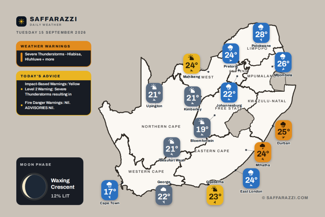 South Africa weather map Tuesday 15 September 2026: temperatures for Cape Town, Johannesburg, Durban and twelve more towns