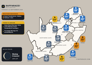 Today's Weather: Warning for Severe Thunderstorms, rain showers across the north and east - 15 September - Saffarazzi South Africa weather map Tuesday 15 September 2026: temperatures for Cape Town, Johannesburg, Durban and twelve more towns