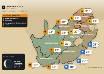 Today's Weather: Warning for Severe Thunderstorms, damp coastal south with partly cloudy interior - 16 September - Saffarazzi South Africa weather map Wednesday 16 September 2026: temperatures for Cape Town, Johannesburg, Durban and twelve more towns