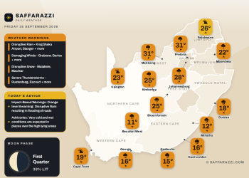 Today's Weather: Warning for Disruptive Rain, thundershowers and rain across most provinces - 18 September - Saffarazzi South Africa weather map Friday 18 September 2026: temperatures for Cape Town, Johannesburg, Durban and twelve more towns