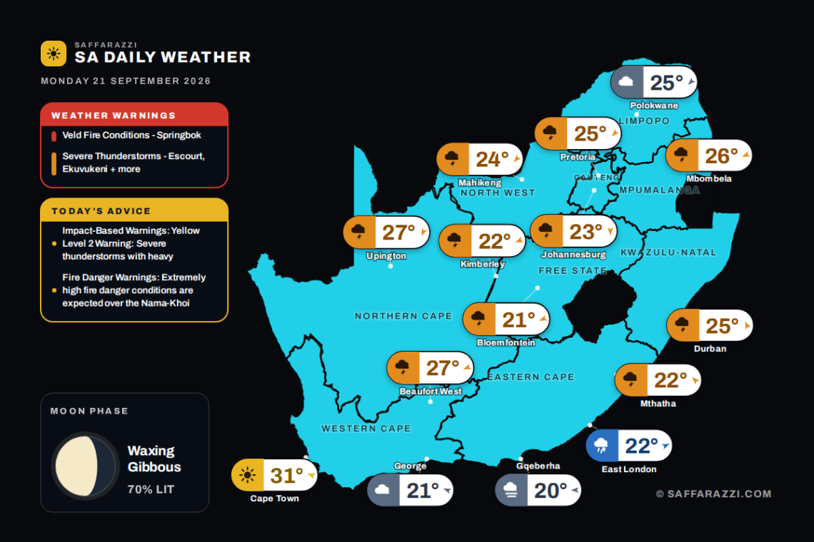 South Africa weather map Monday 21 September 2026: temperatures for Cape Town, Johannesburg, Durban and twelve more towns
