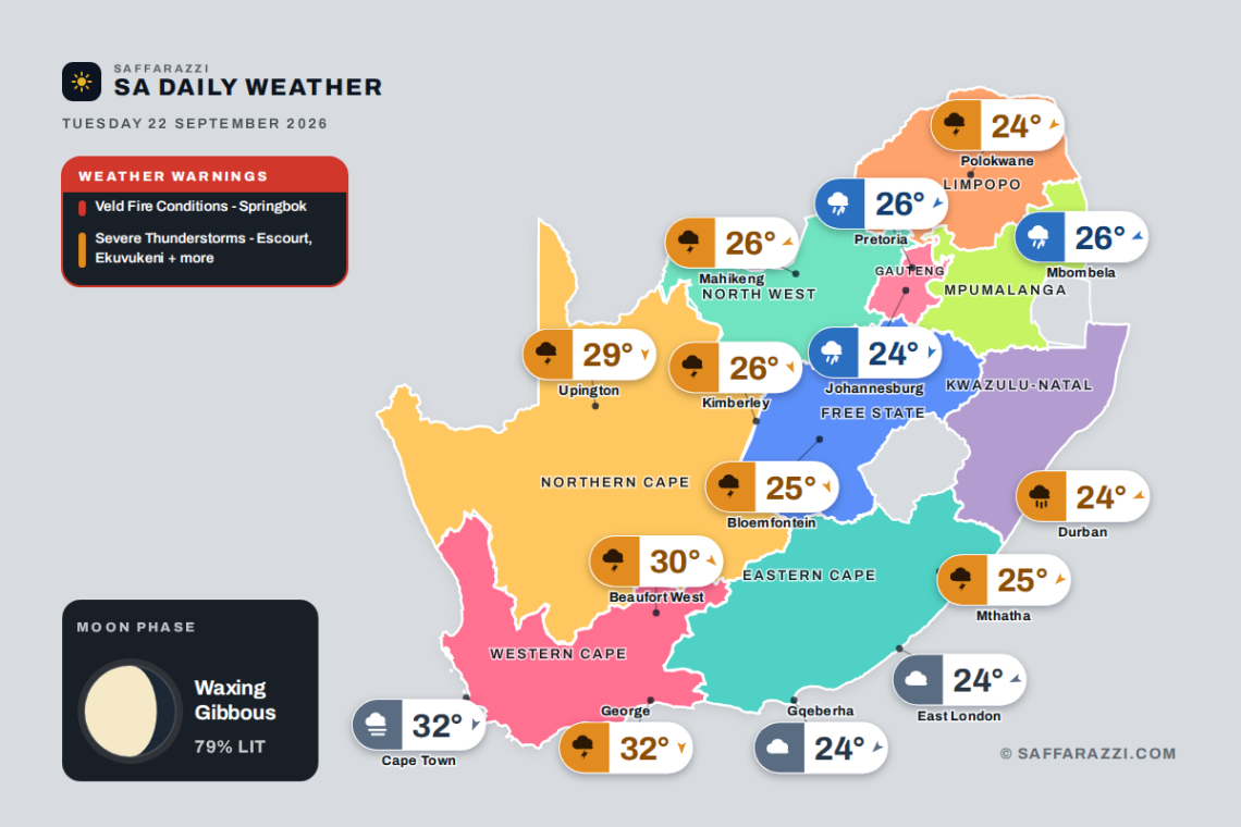 South Africa weather map Tuesday 22 September 2026: temperatures for Cape Town, Johannesburg, Durban and twelve more towns