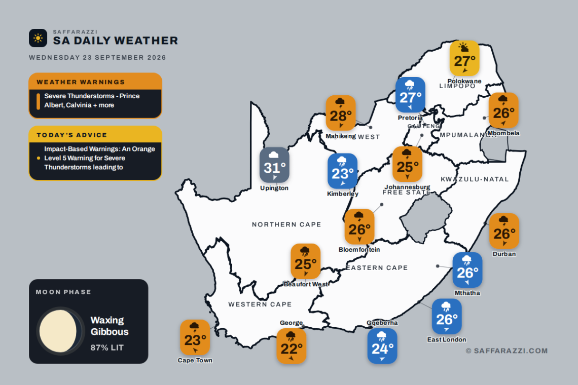 South Africa weather map Wednesday 23 September 2026: temperatures for Cape Town, Johannesburg, Durban and twelve more towns