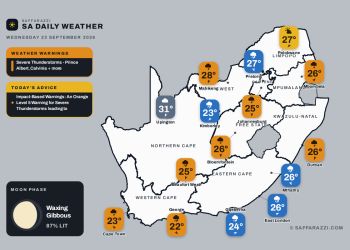South Africa weather map Wednesday 23 September 2026: temperatures for Cape Town, Johannesburg, Durban and twelve more towns