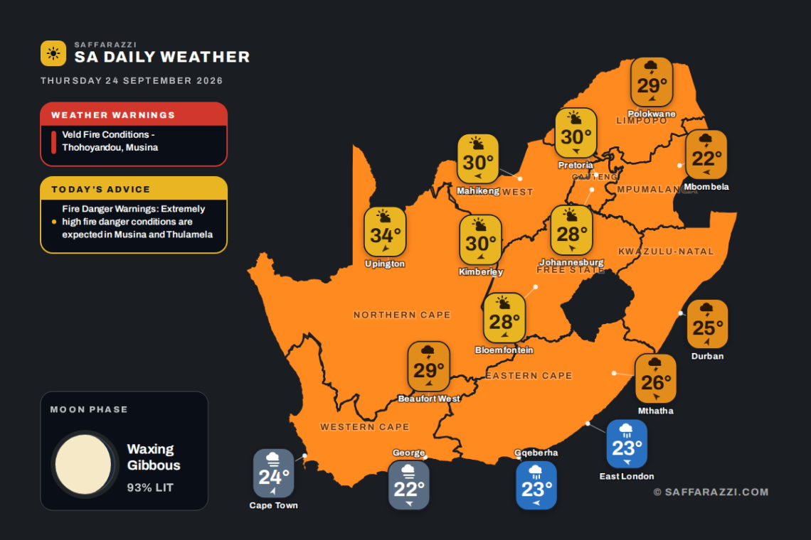 South Africa weather map Thursday 24 September 2026: temperatures for Cape Town, Johannesburg, Durban and twelve more towns
