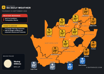 South Africa weather map Thursday 24 September 2026: temperatures for Cape Town, Johannesburg, Durban and twelve more towns
