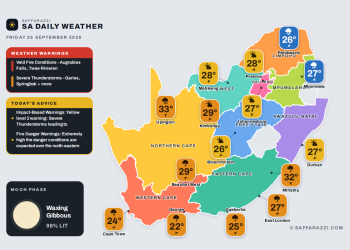 South Africa weather map Friday 25 September 2026: temperatures for Cape Town, Johannesburg, Durban and twelve more towns