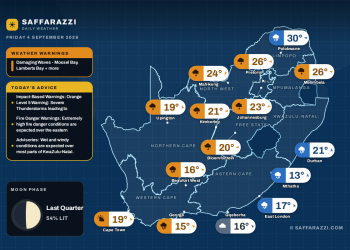 Today's Weather: Warning for Damaging Waves, showers and thundershowers across most provinces - 4 September - Saffarazzi South Africa weather map Friday 4 September 2026: temperatures for Cape Town, Johannesburg, Durban and twelve more towns