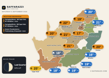 Today's Weather: Warning for Severe Thunderstorms, showers and thundershowers over much of the country - 5 September - Saffarazzi South Africa weather map Saturday 5 September 2026: temperatures for Cape Town, Johannesburg, Durban and twelve more towns