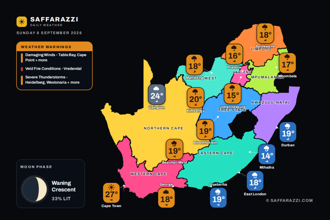 South Africa weather map Sunday 6 September 2026: temperatures for Cape Town, Johannesburg, Durban and twelve more towns