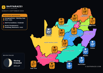 Today's Weather: Warning for Severe Thunderstorms, rain and thundershowers across most provinces - 6 September - Saffarazzi South Africa weather map Sunday 6 September 2026: temperatures for Cape Town, Johannesburg, Durban and twelve more towns