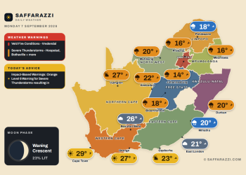 South Africa weather map Monday 7 September 2026: temperatures for Cape Town, Johannesburg, Durban and twelve more towns