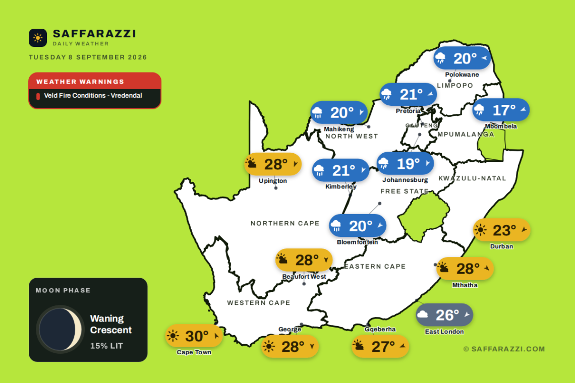 South Africa weather map Tuesday 8 September 2026: temperatures for Cape Town, Johannesburg, Durban and twelve more towns