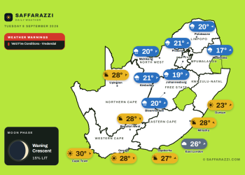 South Africa weather map Tuesday 8 September 2026: temperatures for Cape Town, Johannesburg, Durban and twelve more towns