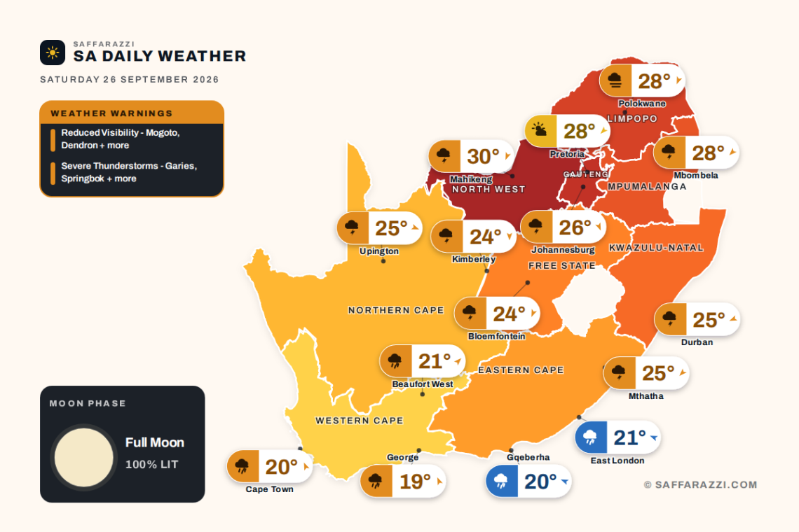 Today's Weather: Warning for Severe Thunderstorms - 26 September - Saffarazzi South Africa weather map Saturday 26 September 2026: temperatures for Cape Town, Johannesburg, Durban and twelve more towns