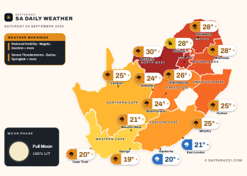 South Africa weather map Saturday 26 September 2026: temperatures for Cape Town, Johannesburg, Durban and twelve more towns