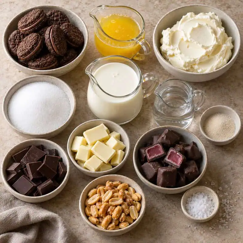 Ingredients for salted caramel and chocolate cheesecake