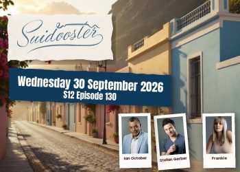 Poster collage advertising Wednesday 30 September 2026, S12 Episode 130, with three cast photos labeled Ian October, Stefan Gerber, Frankie, over a pastel Mediterranean street scene.
