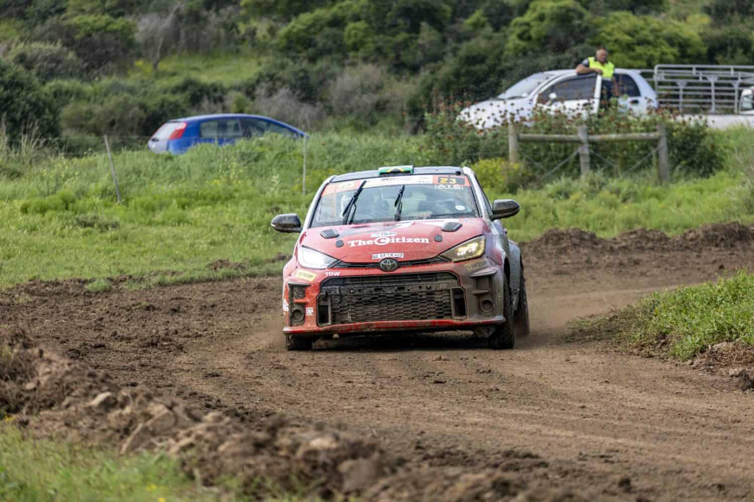 Toyota GR Yaris rally car head-on approach through turn - Saffarazzi Toyota GR Yaris rally car head-on approach through turn