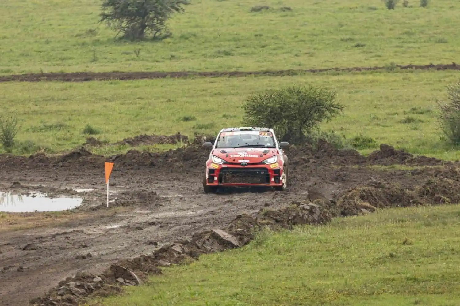 Toyota GR Yaris rally car on muddy grassland section - Saffarazzi Toyota GR Yaris rally car on muddy grassland section