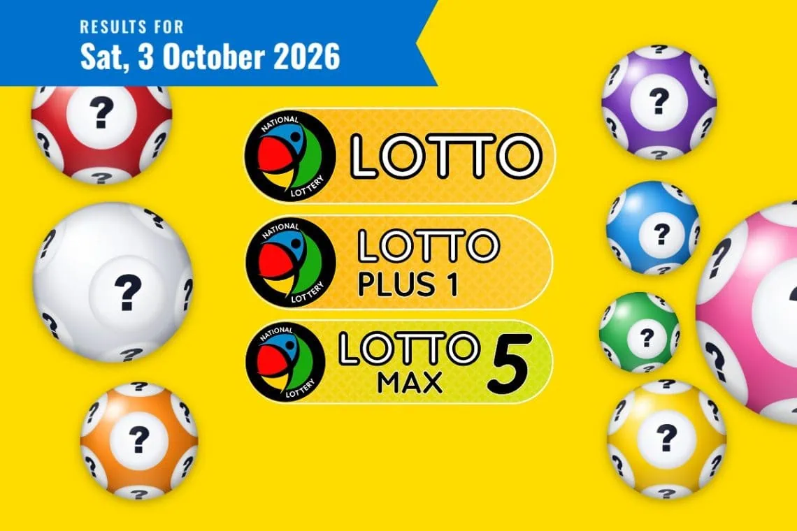 Lotto, Lotto Plus 1 and Lotto 5 Max Results lottery draw results for Saturday, 3 October 2026