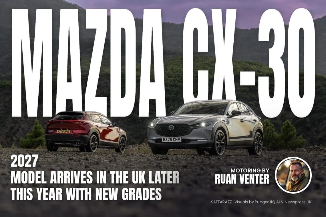 Mazda CX-30 compact SUVs in red and grey on gravel