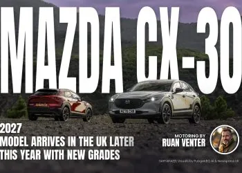 Mazda CX-30 compact SUVs in red and grey on gravel