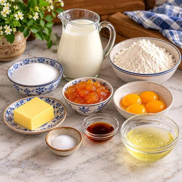 SAFFARAZZI_Velvet_Pudding_Ingredients_UPLOAD_THIS - Saffarazzi Ingredients for traditional South African Velvet Pudding: milk, cake flour, sugar, butter, apricot jam, vanilla, salt and four eggs