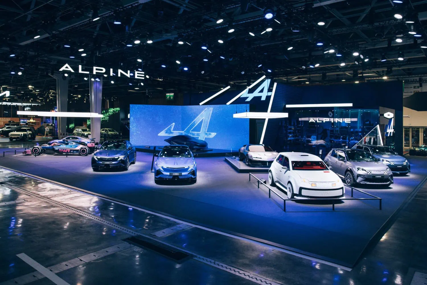 Alpine stand lineup overview - Saffarazzi Alpine model lineup on the Paris Motor Show stand.