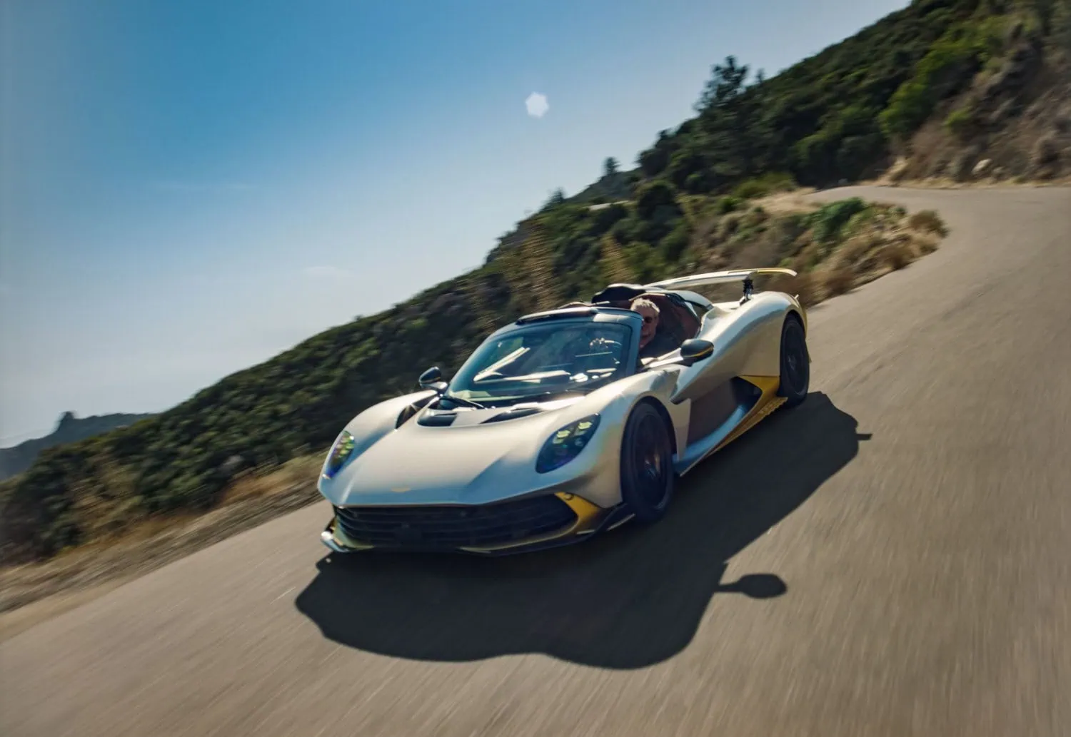 Valhalla Spider on mountain road - Saffarazzi Aston Martin Valhalla Spider driving on a mountain road.