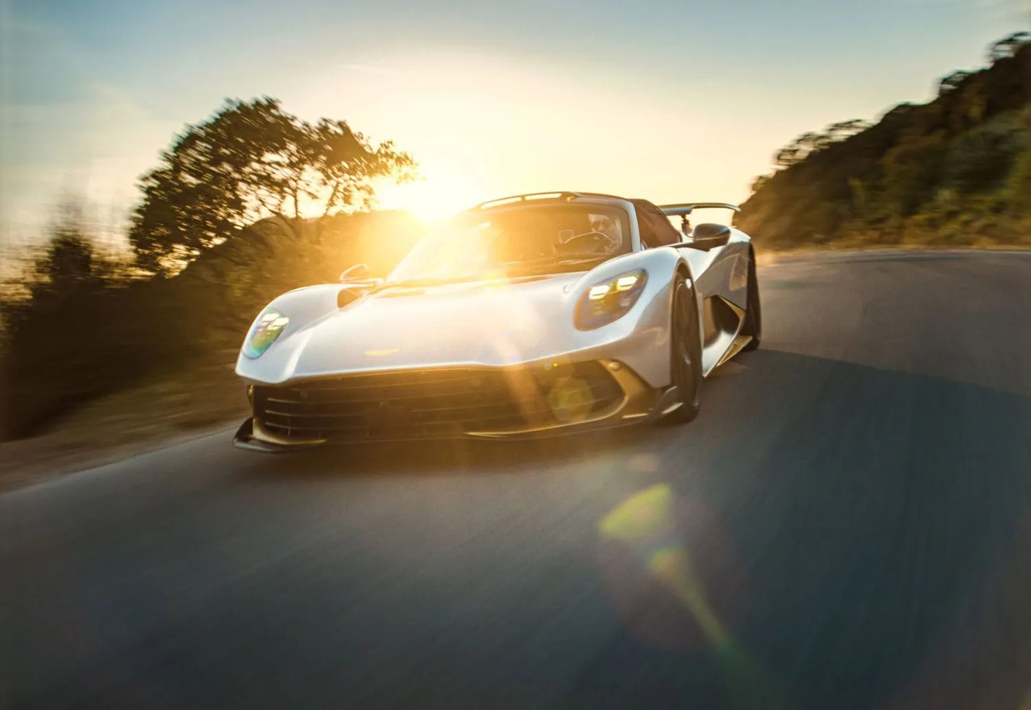 Valhalla Spider at sunset - Saffarazzi Aston Martin Valhalla Spider front view at sunset.