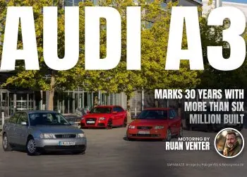 Audi A3 generations lined up outside a modern building