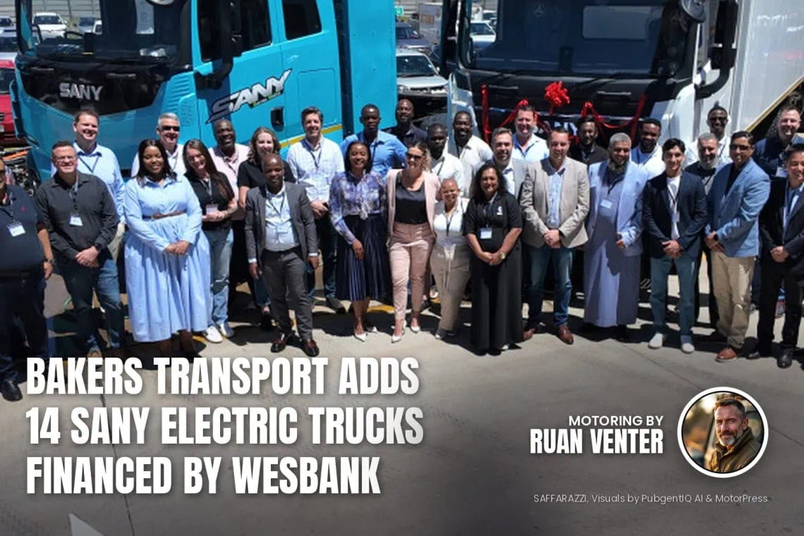 Sany magazine cover: Bakers Transport adds 14 electric trucks financed by WesBank, with the writer's by-line.