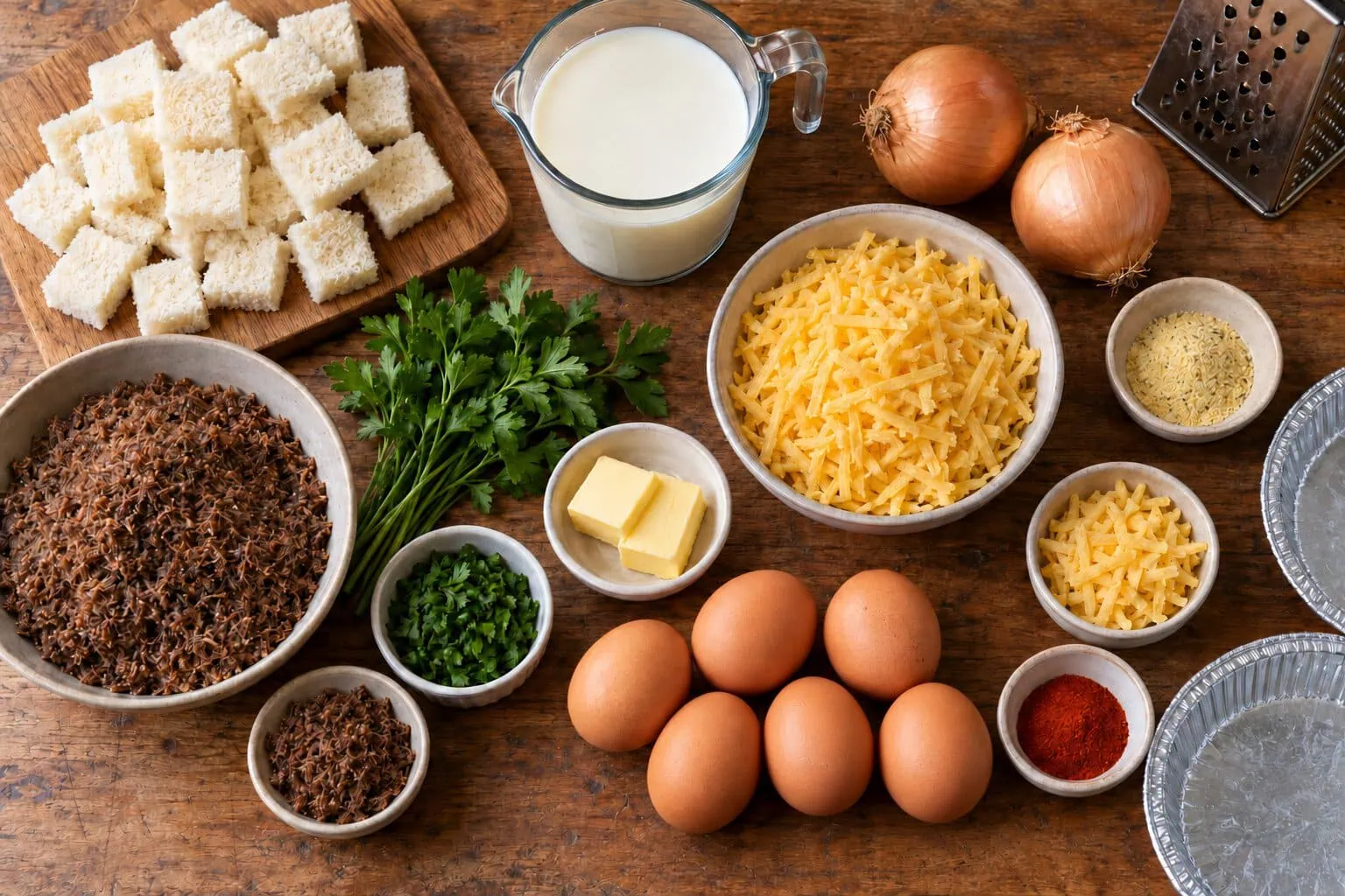 Ingredients for Crustless Biltong and Cheese Tart - Saffarazzi Ingredients for biltong and cheese tarts, including six eggs, bread, cheese, onion, milk and biltong powder