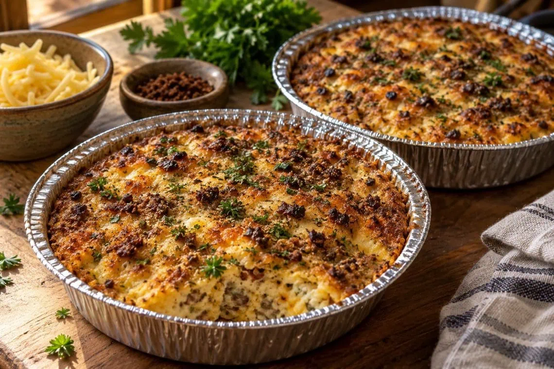 Golden crustless biltong and cheese tart in aluminium dishes, image supplied by Irene Muller and created using AI